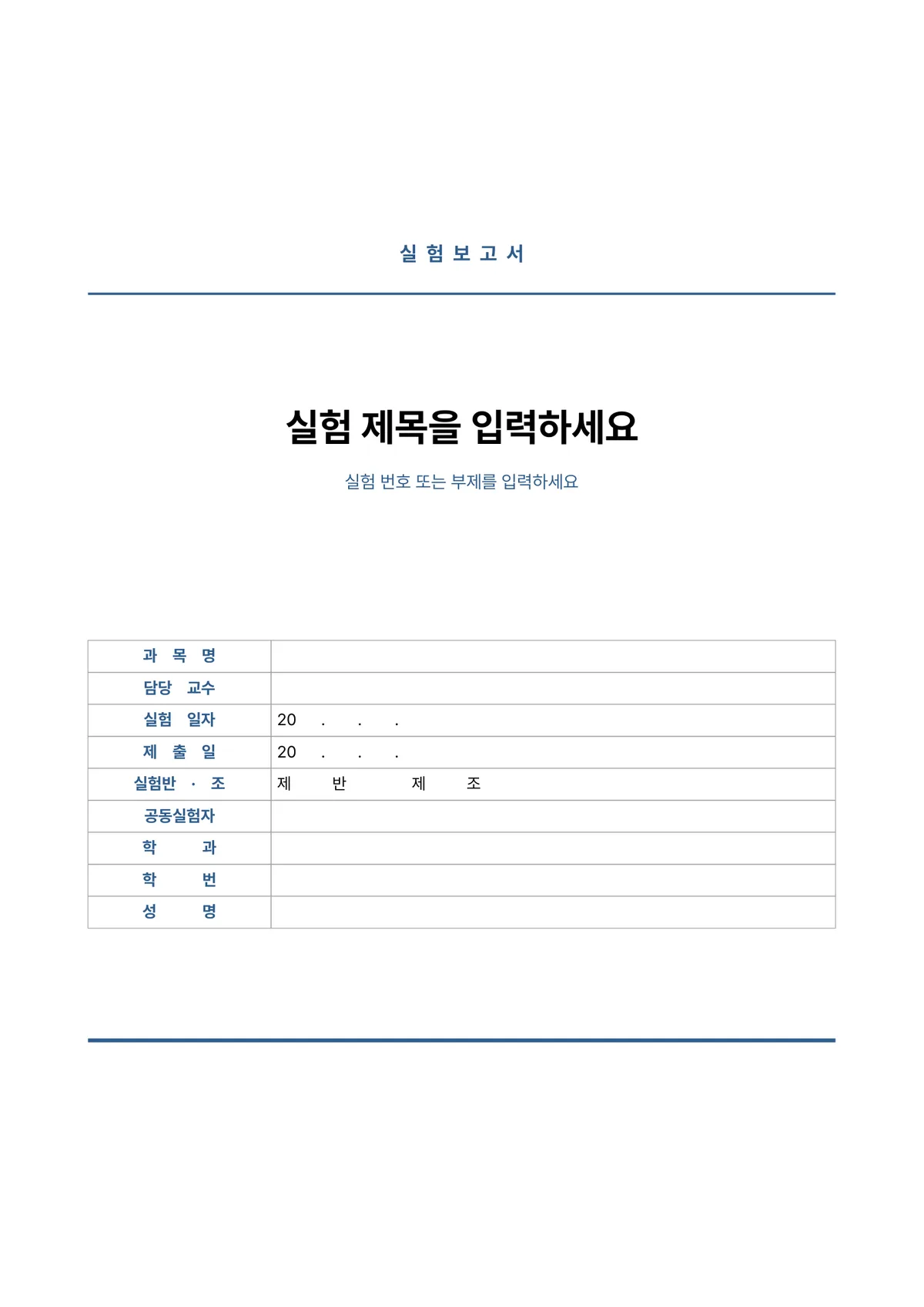깔끔한 실험보고서 표지 양식 - 표준 정보표형 (한글·워드·PDF) 미리보기 1페이지